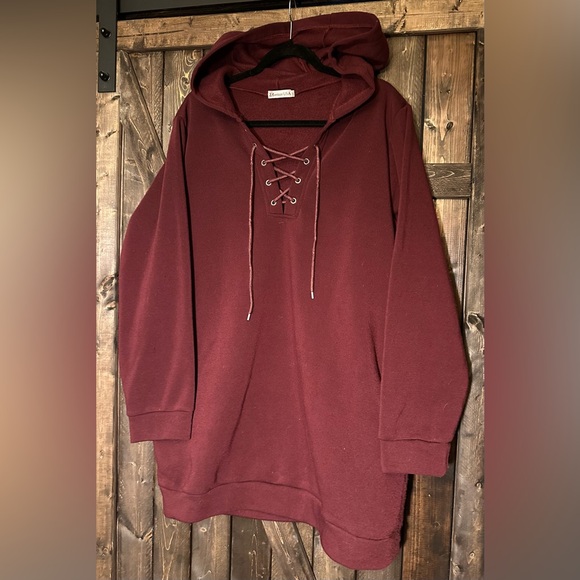 Women's Burgundy Lace-Up Hooded Sweatshirt Dress/Tunic - Picture 1 of 1